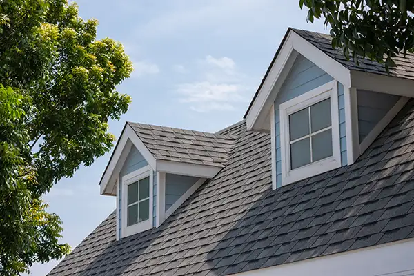 Residential roof with gray shingles